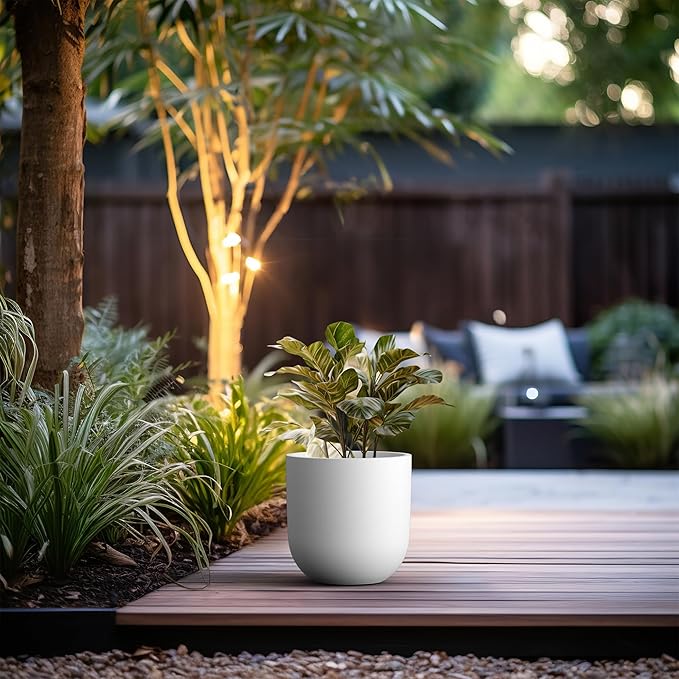 Kante 11.0" Round Concrete Planter, Large Cylinder Plant Pot with Curved Bottom and Drainage Hole, for Indoor and Outdoor Use – Garden or Patio, White Finish with Painted Interior