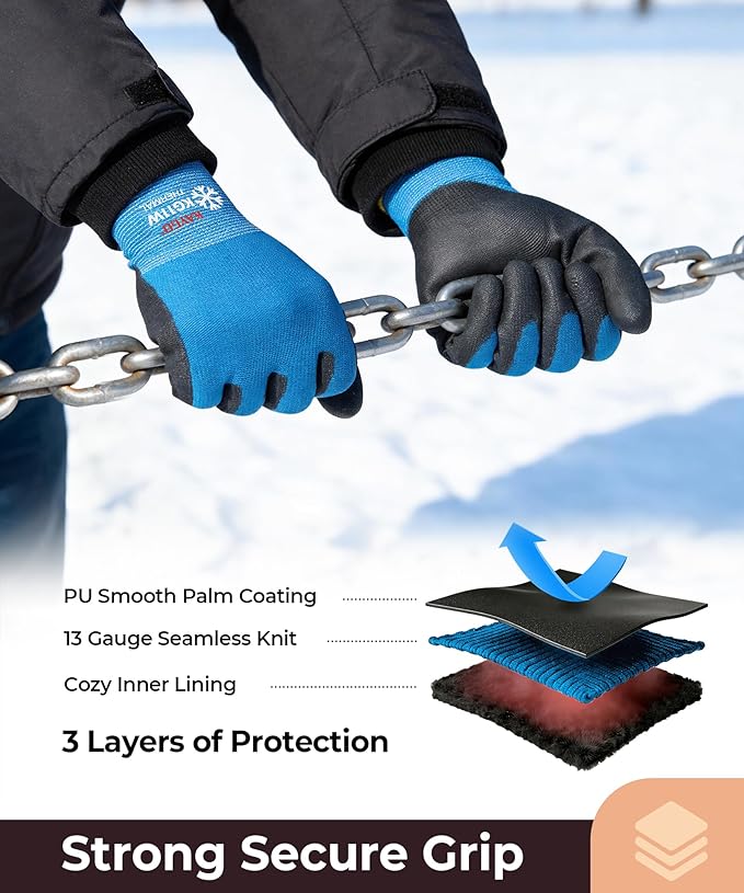 KAYGO 12 Pairs Winter Work Gloves for Men and Women, Thermal Insulated Safety Work Gloves PU Coated, Super Grip,Ideal for Freezer Work,Blue,XL