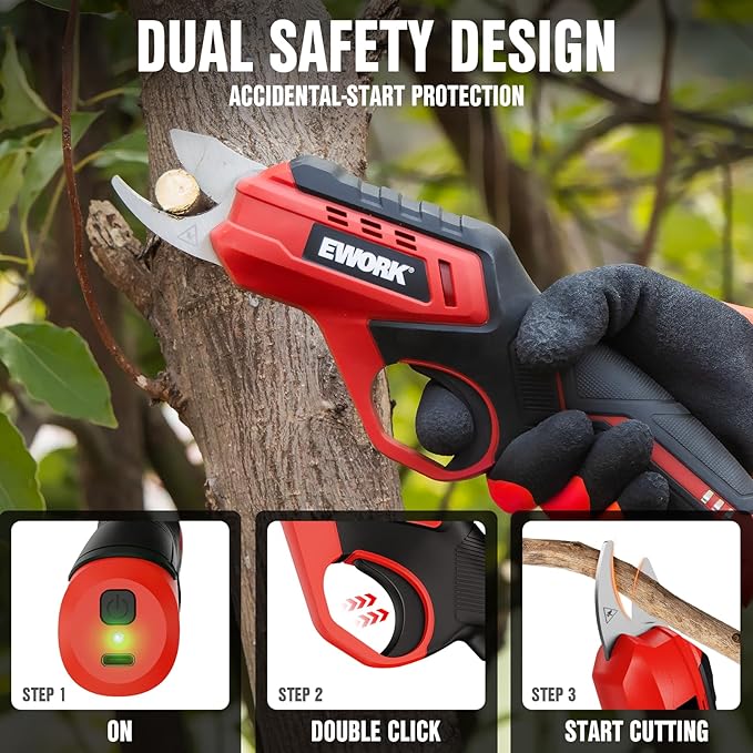 EWORK Cordless Electric Pruning Shears 4.2V Rechargeable 4000mAh Battery, 0.7 Inch Cutting Diameter, 2 SK5 Blades Tool-Free Replacement, Handheld Pruner for Garden Tree Branch Trimming