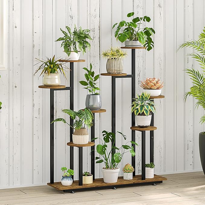 INGIORDAR Plant Stand Indoor Outdoor Corner Flower Stands Multiple Flower Pot Holder for Patio Garden Balcony Living Room 9 Tier Black+Rustic Brown
