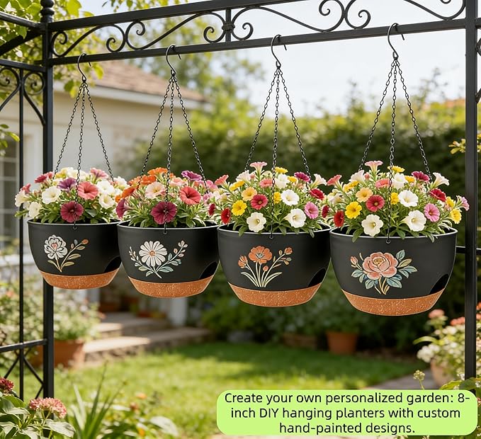 Set of 4-8 Inch Self Watering Hanging Planters for Indoor Outdoor，Hanging Plant Pots with Drainage & Removable Tray, Hanging Pots Holder for Ivy, Pothos, Ferns, Balcony & Patio, Black Brown