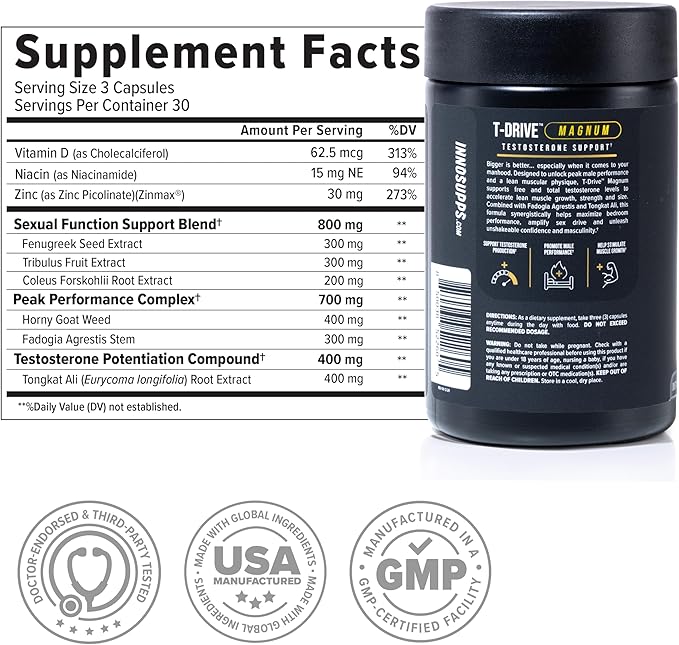 InnoSupps T-Drive Magnum Testosterone Booster Enhance Peak Performance Amplify Muscle Growth, Increase Libido & Energy Levels, Horny Goat Weed Tongkat Ali, Zinc, Fenugreek, Fat Burner 90 Caps/30 Days