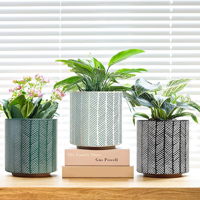 GUGUGO Slash Line Plant Pots, Boho Modern Geometric Planters Pots for Indoor Plants, Cute Unique Flower Pot with Drainage, Eclectic Colorful Small Succulent Planter Funky Gardening Pot Gifts, Green