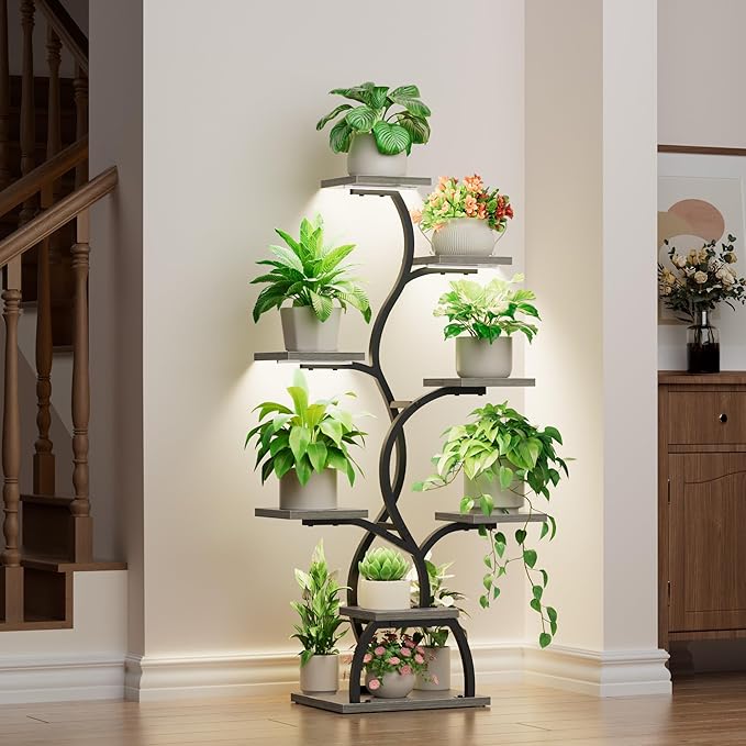 EVAWOO Plant Stand Indoor with Grow Light - 8 Tiered Plant Shelf Indoor, Corner Plant Stand, 49" Tall Plant Shelf with Lights for Indoor Growing, Lighted Flower Holder for Living Room, Balcony (Gray)