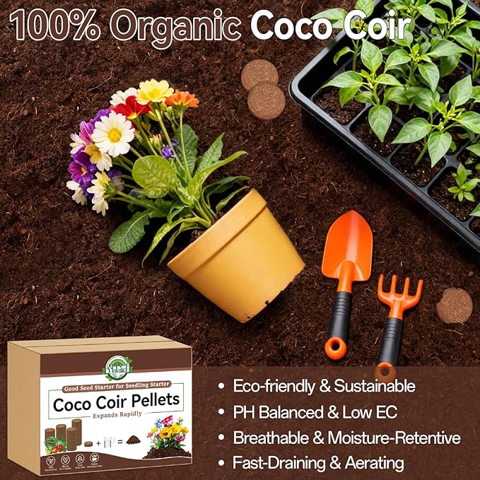 Halatool 200 Pcs Coco Coir Seed Starter Pellets, Seed Starting Soil Pellets for Potting Mix, Cat Grass Soil, Compressed Coconut Dirt Pods for Indoor Outdoor Plants Vegetables Fruits Flowers