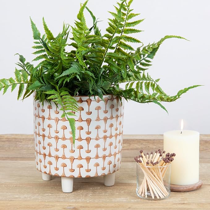 Creative Co-Op Footed Stoneware Planter with Abstract Print, Rust and White