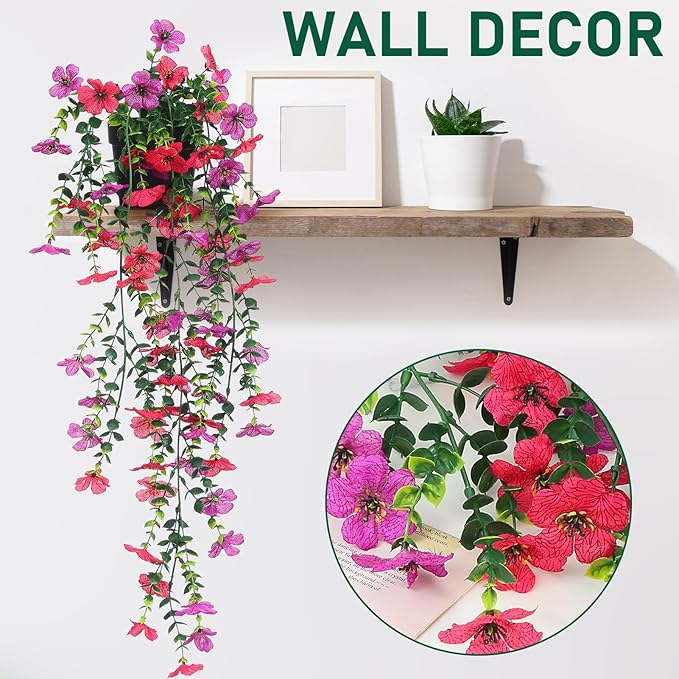 Fake Plants Hanging Artificial Potted Faux Eucalyptus Plants and Flowers for Modern Boho Farmhouse Bathroom Office Desk Wall Book Shelf Living Room Aesthetic Decor Indoor (Purple & Rose Red)