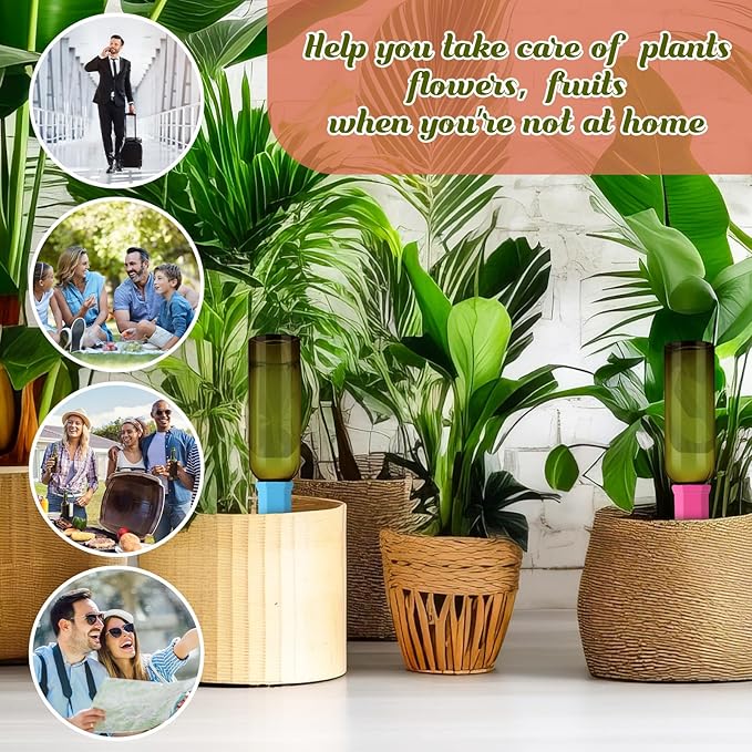 SiliFine 12 Set Plant Watering Devices Include Terracotta Self Watering Spikes and 26 oz Plastic Bottles, Slow Release Vacation Insert Automatic Plant Waterer Device (Green and Mixed Color)