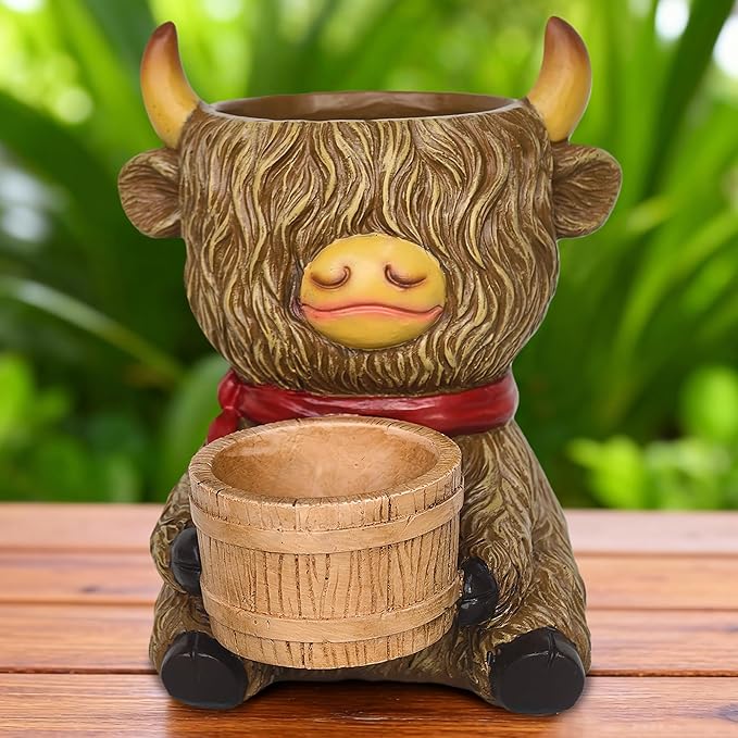 Cute Plant Pots Decor Gifts - Highland Cow Planter with Two Planters Animal Flower Pots with Drainage,Mini Succulent Pot for Home Desk Patio Decorations Outdoor Indoor Plants Pot Gift for Plant Lovers