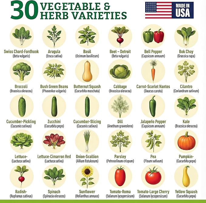 Culinary Vegetable & Herb Seeds Variety Pack - 30 Heirloom Non-GMO Garden Seeds for Planting, Seed Kit with Tools, Made in USA