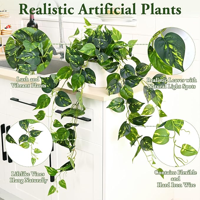 Waipfaru Fake Plants Artificial Plants Indoor, 1Pcs 34" Realistic Artificial Hanging Fake Pothos Vines Ivy Potted, Faux Pothos for Living Room Office Bedroom Bathroom Kitchen Shelves Indoor Home Decor