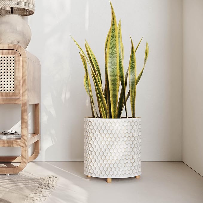 EverNest Honeycomb Gold and White Planter with Wooden Peg Leg Stand, 10-Inch Plant Pot, SelectBase, Mid-Century Modern, Indoor Home Decor Planters (Medium, 2 Gallon)