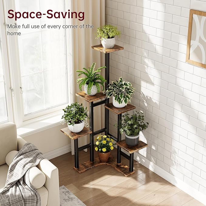 Yzosvki Corner Plant Stand Indoor with Grow Lights, 6 Tiered Corner Plant Shelf Flower Stand for Multiple Plants, Plant Shelves Organizer Rack for Living Room, Balcony, Patio, Square Rustic Brown