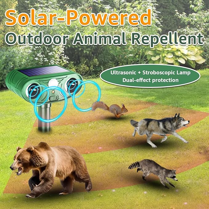 Solar Ultrasonic Animal Repellent Outdoor with Motion Sensor Strobe Light Deer Repellent Devices for Squirrel Rats Snakes Rabbit 25KHZ Silent Deterrent Dual Mode Yard Garden Lawn Pest Control 1pack