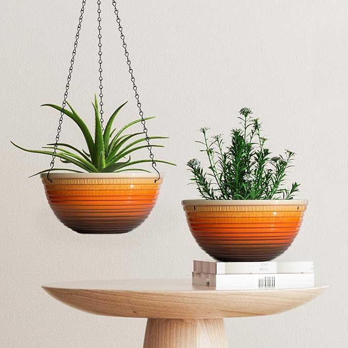 Vanslogreen 12 inch Hanging Planters for Indoor Outdoor Plants, 2 Pack Large Hanging Flower Pots with Drainage Holes and Chain, Glazed Hanging Baskets for Home Garden Decoration, Orange