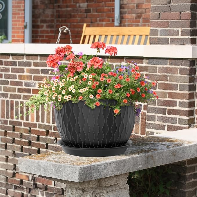 Meowell 12/10/9 inch Large Plant Pots, 3 Pack Wide Flower Pots for Outdoor Indoor Plants with Water Ripples, Big Plastic Planters with Drainage Holes and Saucers for Garden House Plants, Black