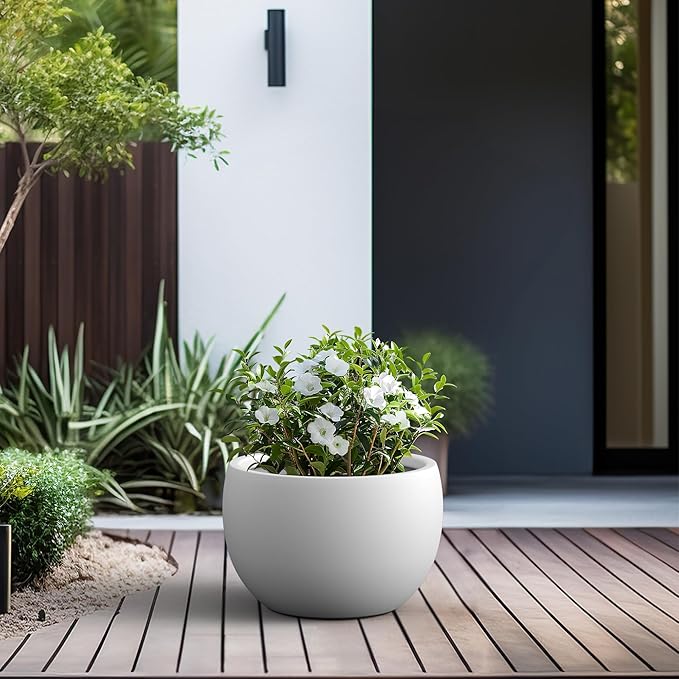 Kante 19.9" Dia Round Concrete Planter, Outdoor/Indoor Large Bowl Plant Pots with Drainage Hole and Rubber Plug for Garden Patio Balcony Home, Pure White