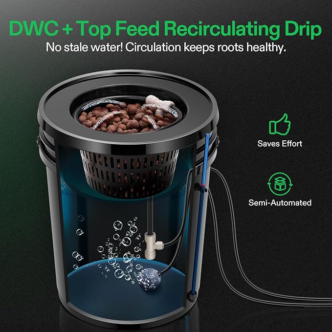 VIVOSUN DWC Hydroponics Grow System with Top Drip Kit, 5-Gallon Deep Water Culture, Recirculating Drip Garden System with Multi-Purpose Air Hose, Air Pump, and Air Stone (2 Buckets + Top Drip Kit)