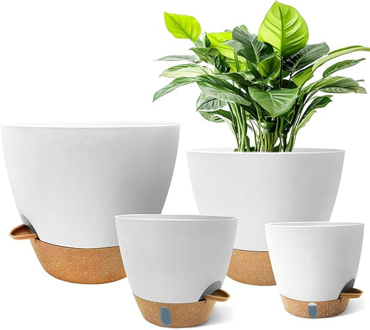 MNKXL 4-Pack Large Self Watering Pots for Indoor Plants, 12/10/9/8 Inch Planters with Visible Water Level Window, Automatic Watering System for Monstera, Fiddle Leaf, Herbs, Succulents, White