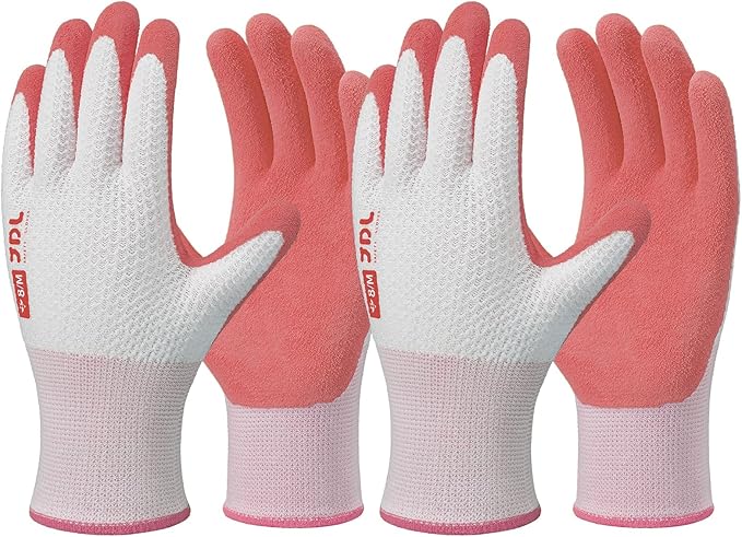 JDL Gardening Gloves for Women, 2 Pairs Breathable Latex Coated Yard Garden Gloves, Rubber Outdoor Protective Work Gloves with Grip, Pink, Small Size