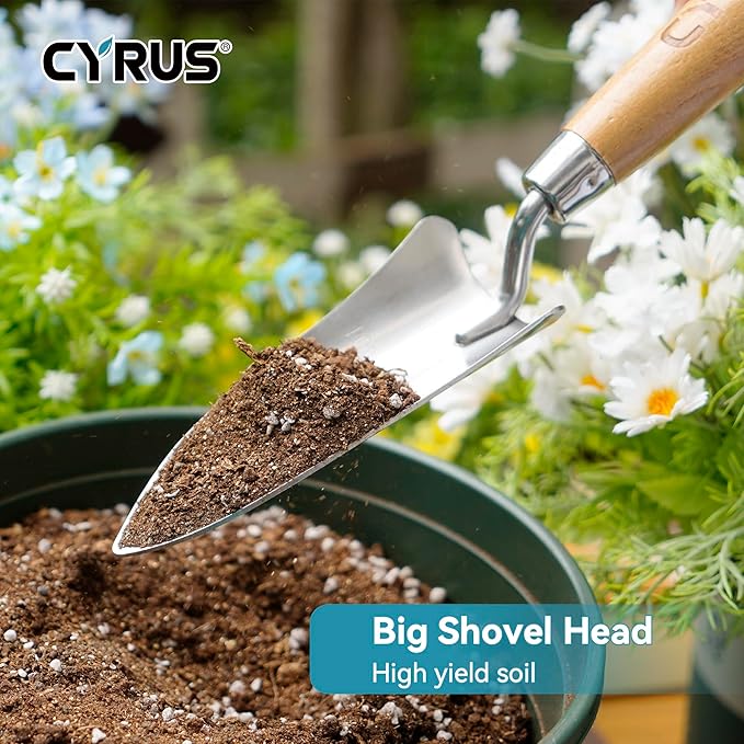 CYRUS Garden Shovel with Measurement Mark,Small Shovels for Gardening with Ash Wood Handle,12.4''Stainless Steel Hand Shovel Garden Spade Potting Soil Scoop for Gardening Planting,Transplanting