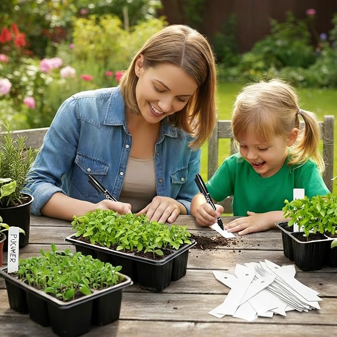 Plant Labels 250 PCS, Slim White Garden Plant Tags with Holes, PP Plastic Waterproof Labels with Permanent Marker, Jute Twine & Storage Box for Indoor & Outdoor Gardening (250PCS)