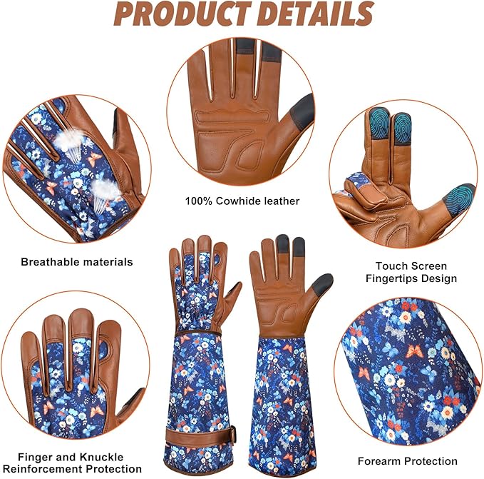 DLY Gardening Gloves for Women, Rose Gloves Thorn Proof, Long Garden Gloves for Women, Breathable Cowhide (Medium, Brown)