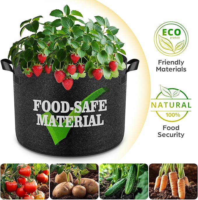 Jorvila 5 Pack 3 Gallon Grow Bags, Thickened Nonwoven Fabric Planter Pots with Handles, Heavy Duty 300G Garden Pots for Tomato, Potato and Vegetable
