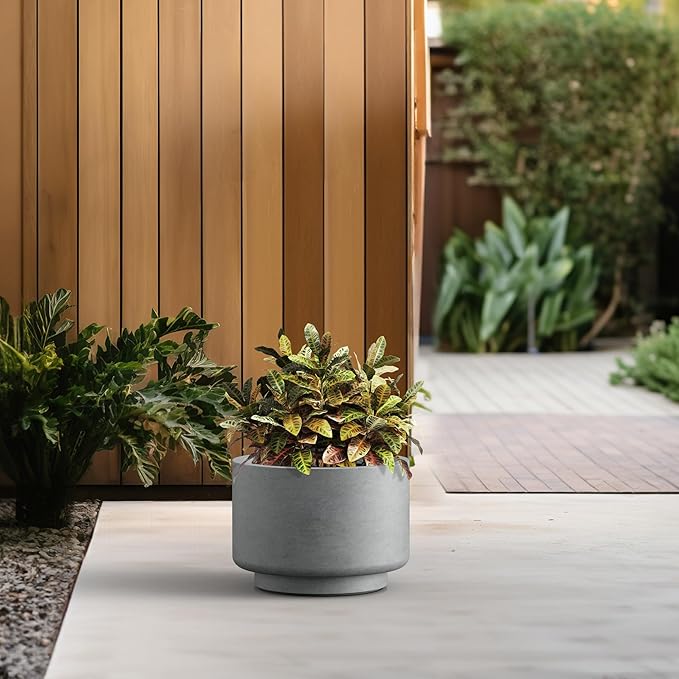 Kante 12.6 Inch Dia Concrete Planter, Round Pedestal Design Garden Pot for Indoor Outdoor Plants, Modern Flower Pot with Drainage Hole and Rubber Plug, Natural Concrete