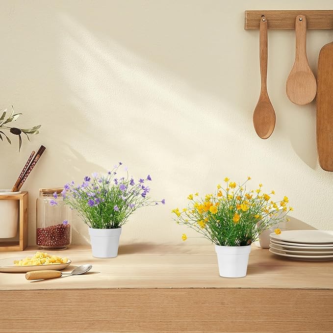 Babys Breath Potted Fake Plants with Flowers Faux Plants Indoor for Home Office Bookshelf Table Farmhouse Room Decor, Yellow (Pack of 2)