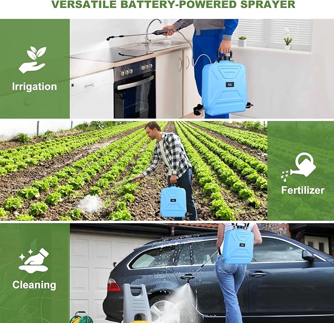 Battery Powered Garden Sprayer 3.2 Gallon Electric Pump Backpack Sprayer with USB Rechargeable Handle, Telescopic Wand, Adjustable Strap and 4 Mist Nozzles for Yard, Lawn, Cleaning 12L