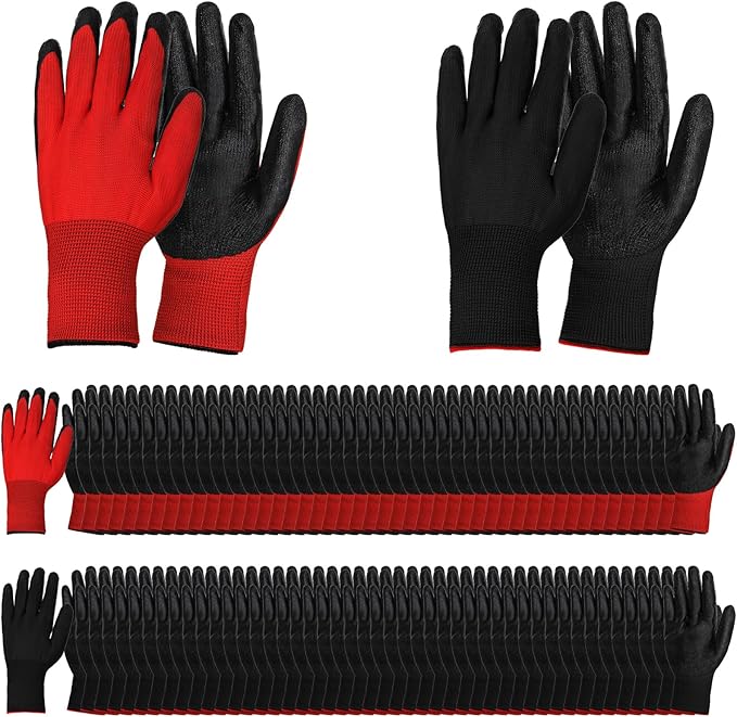 Lawei 48 Pairs Gardening Gloves for Men Women, 9 Inch Rubber Coated Safety Work Gloves Bulk, Breathable Reusable Garden Gloves for Weeding, Digging, Raking, Pruning and Construction, Black and Red