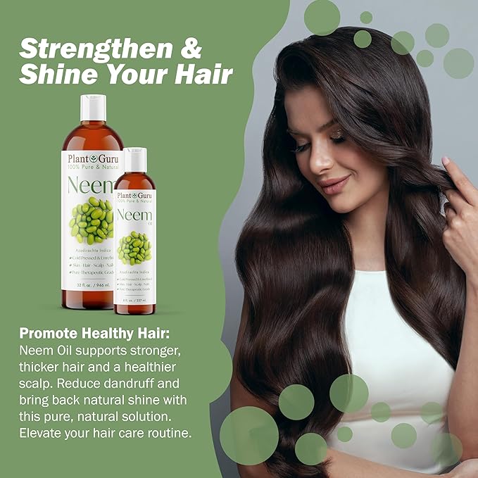 Plant Guru Neem Oil 2 fl. oz. – Unrefined Cold Pressed 100% Pure Natural – Nourishing for Skin, Hair, and Scalp – Hydrating and Moisturizing.
