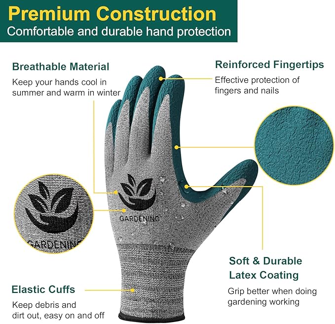 Trifabricy Garden Gloves for Women/Men - 6 Pairs Latex Gardening Gloves with Grip, Protective Work Gloves for Lawn Yard