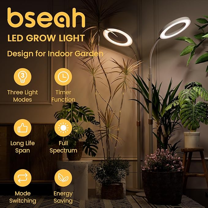 Plant Grow Light for Indoor Plants, Full Spectrum Grow Lamp with Pedestal Stand, Automatic Timer for 3H/9H/12H, Height Adjustable 51-67in White