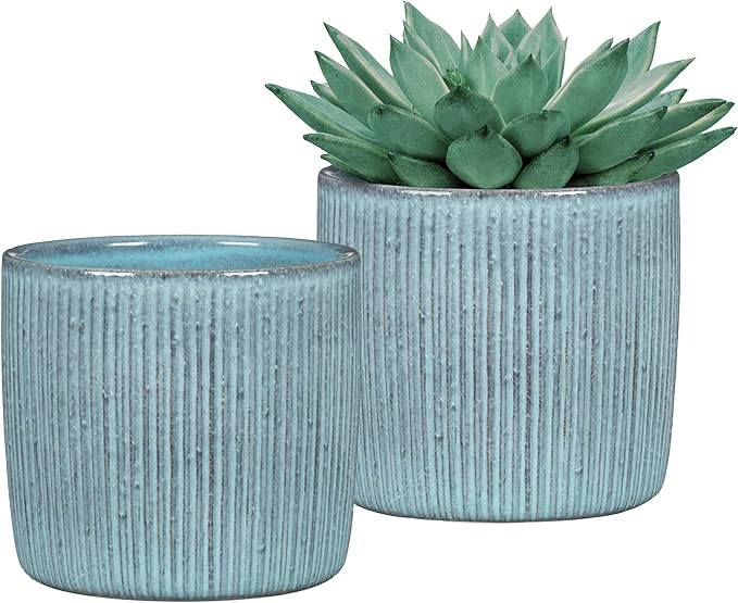 SCHEURICH Set of 2 Solido Linea Lagoon Ceramic Planters – 6.9" Decorative Pots for Indoor Plants - Waterproof&UV-Resistant - Elegant Relief Texture - Made in Germany, Modern Home&Office Decor - 0.8 gl