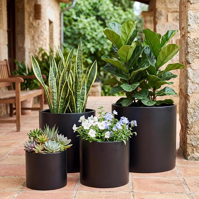 FaithLand 14 Inch Fiberstone Planter - Lightweight Modern Cylinder Plant Pot with Drainage Hole & Plug, Indoor Outdoor Use, Matte Black