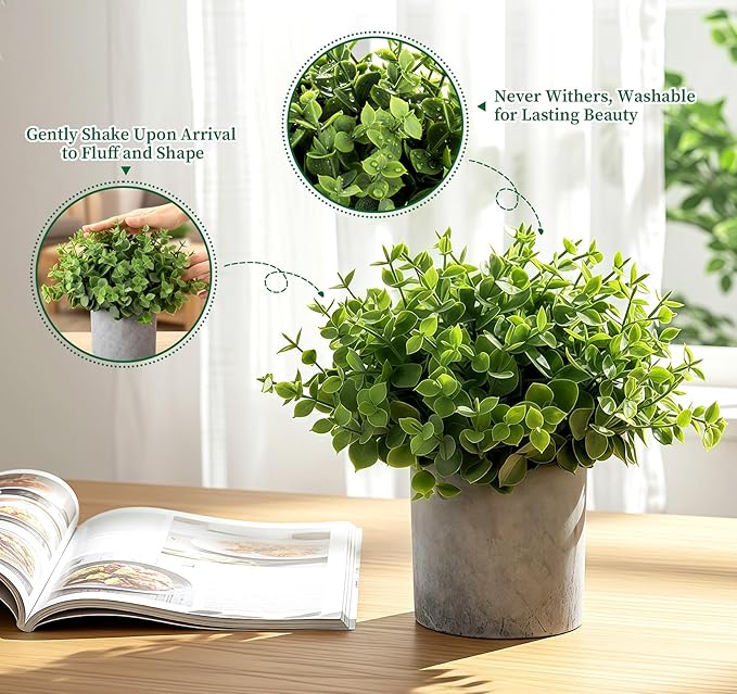 5 Pack Fake Plants, Small Artificial Plants in Pots, Faux Plants Indoor, Artificial Eucalyptus Plants for Desk Shelf Bathroom Bedroom Kitchen Living Room Office Decor Housewarming Gift