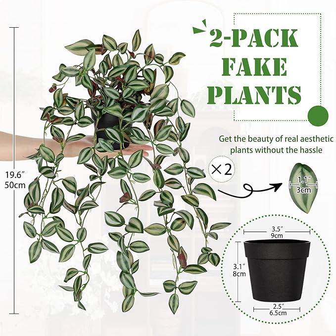 2 Pack Fake Hanging Plants for Shelf in Back Pot, Small Artificial Hanging Ivy Vine Plants Indoor Fake Potted Greenery Plant for Home Room Wall Tabletop Mantel Decor, Mimi Faux Peperomia Plant Set