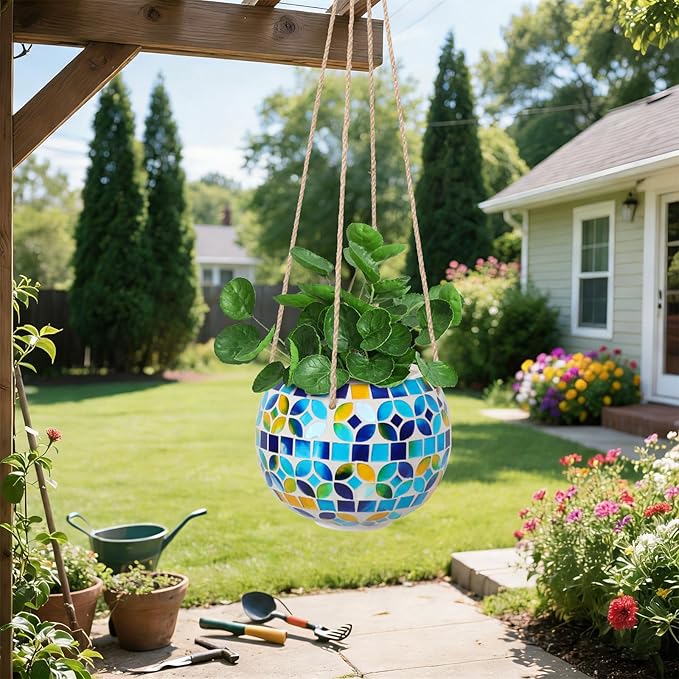 Ceramic Hanging Planter Mosaic Hanging Flower Pot Small Plant Pot for Indoor Plant Garden Decor Disco Ball Planter with Drainage Square Blue