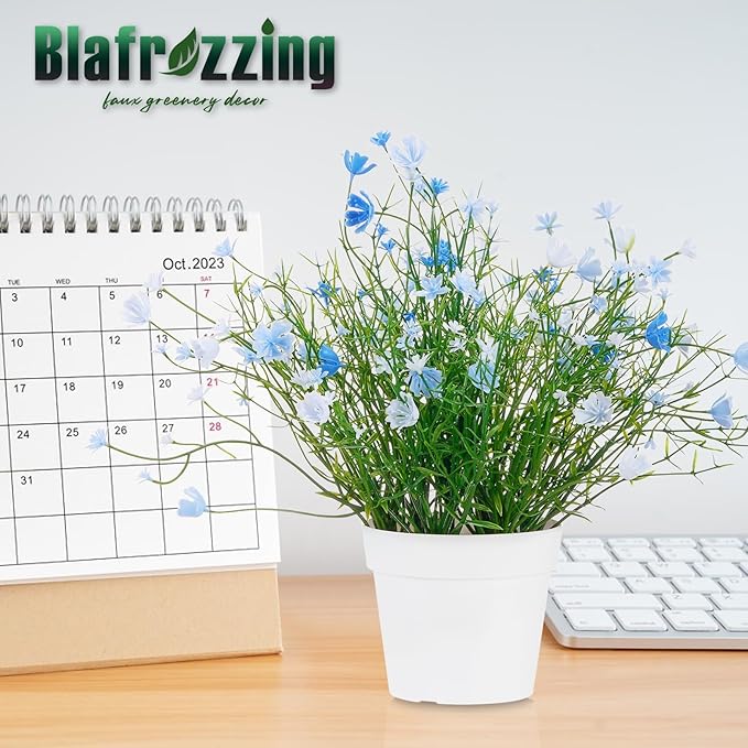 Artificial Babys Breath Potted Fake Plants with Flowers Faux Plants Indoor for Home Office Bookshelf Table Room Decor, Blue (Pack of 2)