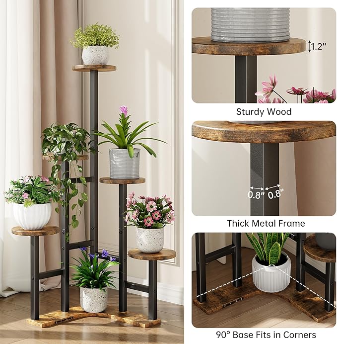 Yzosvki Corner Plant Stand Indoor, 6 Tiered Corner Plant Shelf Flower Stand for Multiple Plants, Plant Shelves Organizer Rack for Living Room, Balcony, Patio, Garden, Round Rustic Brown