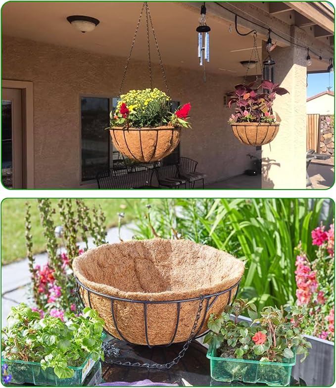 LCHUANG Hanging Baskets Planter for Plants - 2 Pack 10 Inch Metal Baskets with Coco Coir Liner, Hanging Flower Pots for Outside with Chain, Indoor Outdoor Garden Porch Decoration (10'' Pack of 2)
