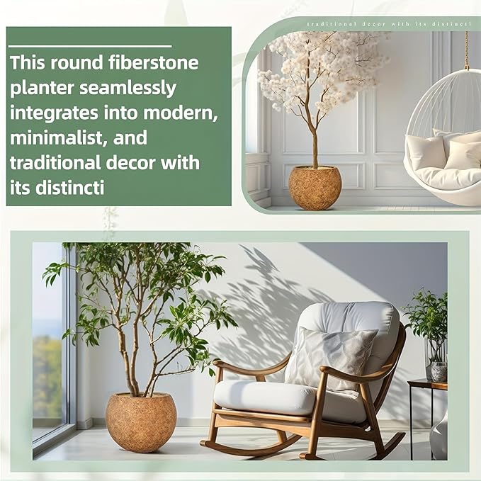 Panlaolao 10 H x 14" Dia (10" Pot Opening) Round Fiberstone Planter with Drainage Hole, White, Indoor/Outdoor Large Plant Pot for Home Patio Garden, Ideal for Large Plants-Camel