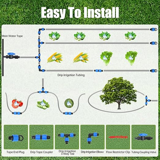 2000FT 5/8" Drip Tape Irrigation Kit, 16 Mil Heavy Duty with 6" Emitter Spacing, Silver Reflective Drip Tape Helps Prevent Pecking & Biting Damage, Heat-Safe for Seedlings, Reinforced PE Material