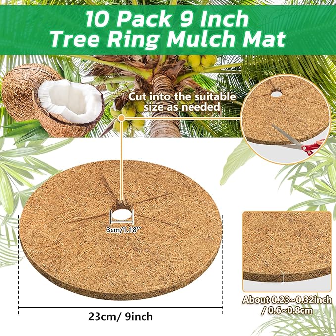 Legigo 10pcs Coconut Fiber Mulch Ring Tree Plant Protector Mat, 9 Inch Natural Coco Coir Tree Mulch Ring Plant Pot Soil Cover, Tree Rings Disc Plant Cover for Indoor Outdoor Plants, Landscaping