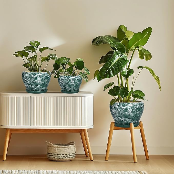 6 Inch Planter - Ceramic Plant Pots Indoor with Drainage Hole and Saucer, Indoor Plant Pots for Flowers Plants, Round Modern Small Planter, Bedroom Decor, Plants Lover Gift, Bubble Green