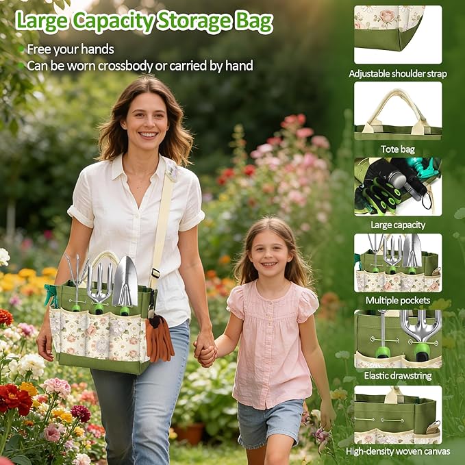 Gardening Tools Set,OPPSIUE 9 Pcs Stainless Steel Gardening Hand Tool Kit with Rubber Non-Slip Handle,with Shoulder Crossbody/Tote Bag,Ideal Gifts for Women and Men