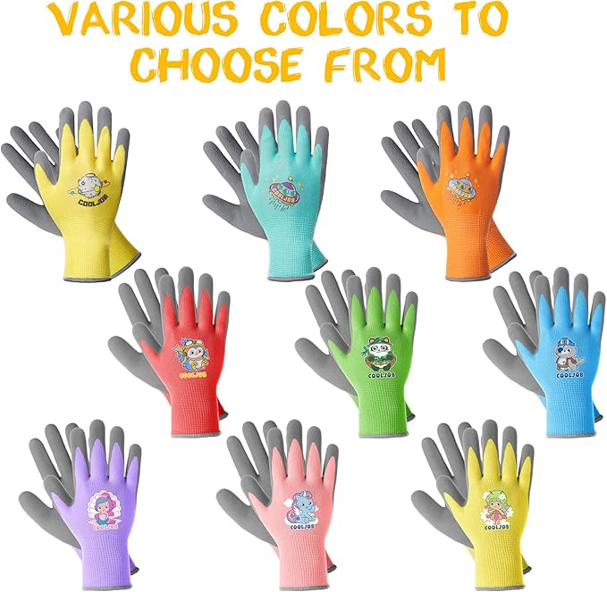 COOLJOB 3 Pairs Kids Gardening Gloves for Age 6-8, Children Toddler Girls Grippy Rubber Coated Work Gloves, Purple & Pink & Yellow (Little Beauty, Medium M)