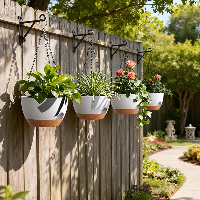 UOUZ 4 Pack 8 Inch Self Watering Hanging Planters for Indoor Outdoor Plants，Hanging Pots for Plants with Drainage Removable Tray, Hanging Baskets Flower Pots for Pothos Garden Porch White with Brown